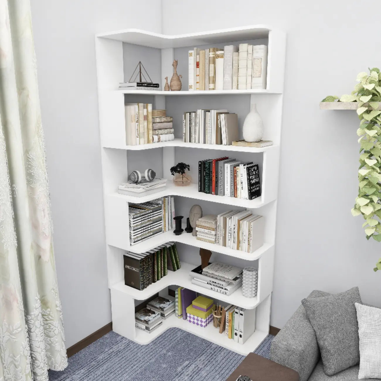 Libreria ad angolo in legno multistrato con 6 ripiani