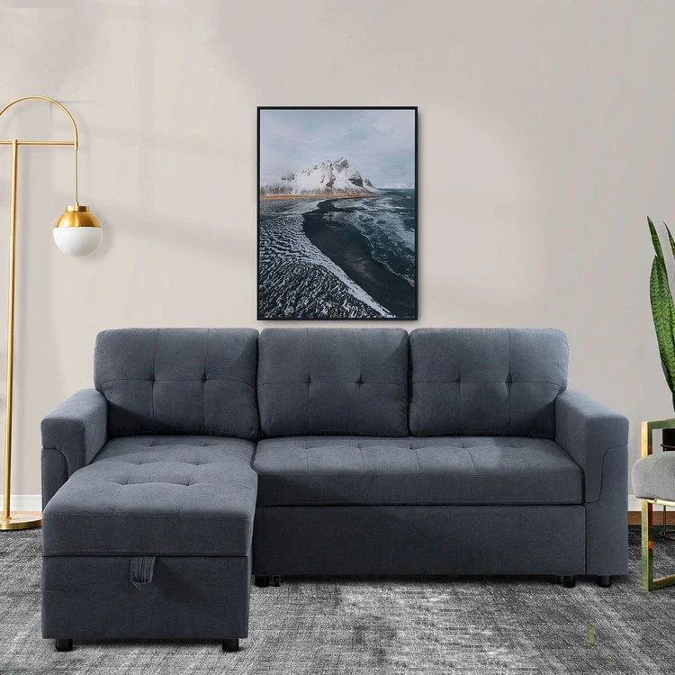 Divano componibile convertibile reversibile con letto estraibile, chaise longue con contenitore nascosto e gambe durevoli