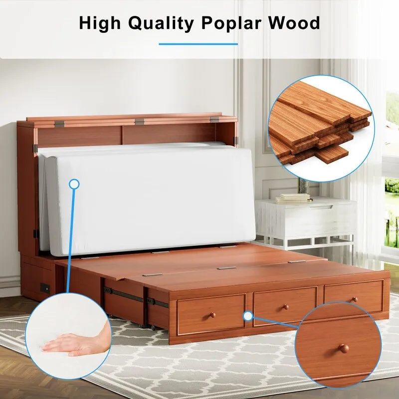 Letto a scomparsa con materasso pieghevole, letto a cubo moderno con cassetto portaoggetti e stazione di ricarica USB