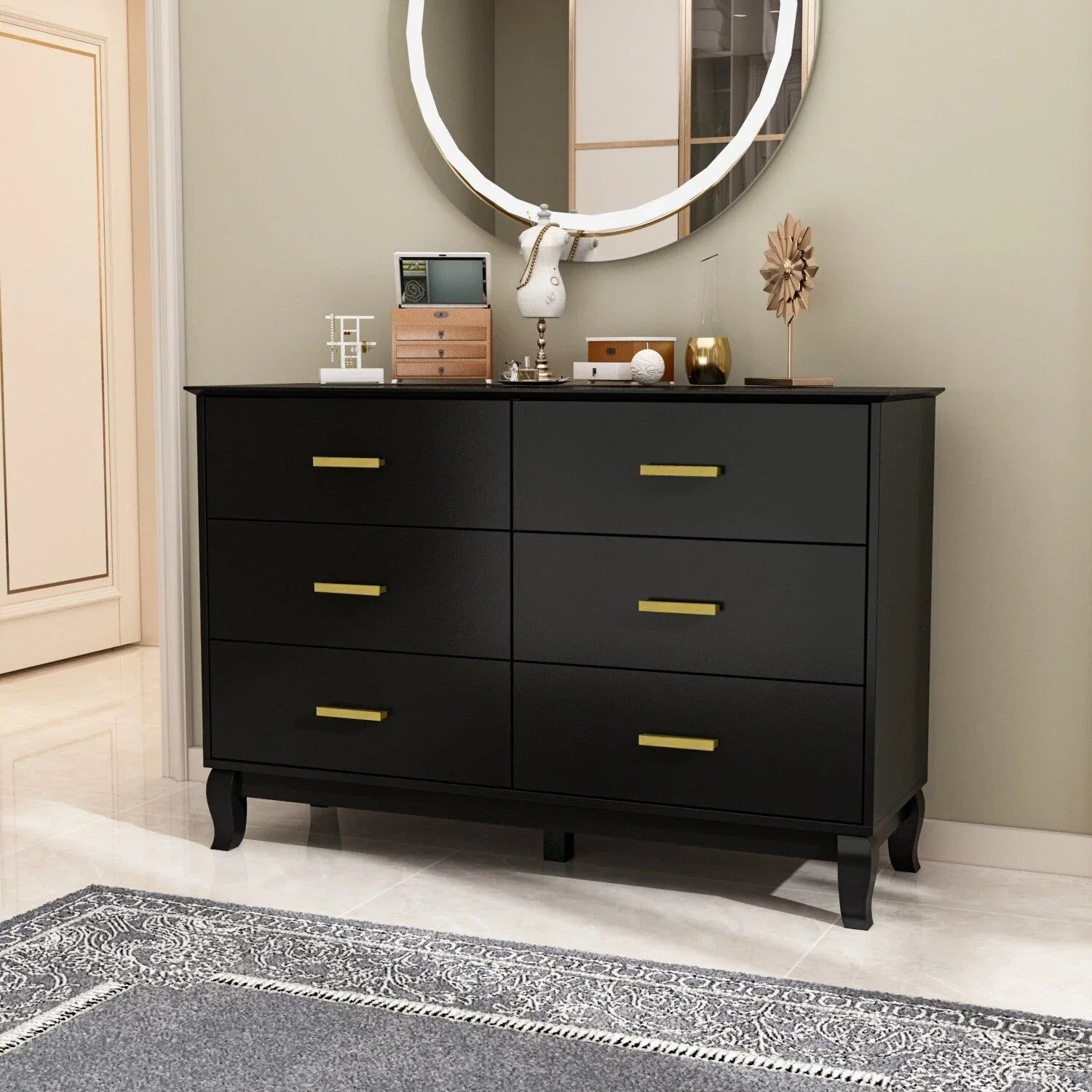 Commode double Timechee 6 tiroirs 47,2 po de largeur, pieds en bois massif, fini laqué