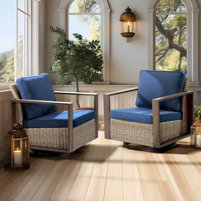 Cozywor Set 2 Sedie a Dondolo da Esterno in Rattan per Patio con Telaio in Metallo e Cuscini