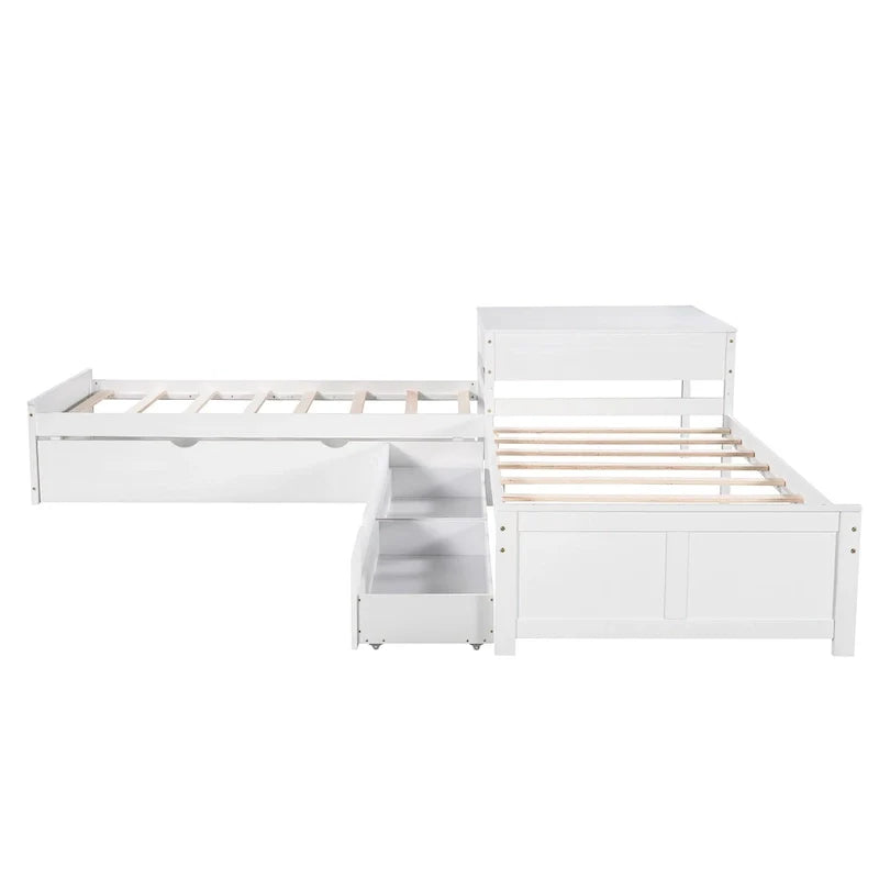 Letto a piattaforma a L moderno bianco per cameretta, dimensioni singole, con letto estraibile e cassetti