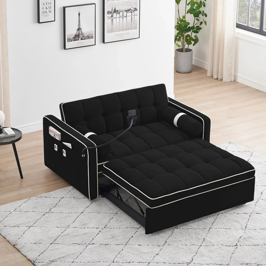 Divano letto trasformabile a 2 posti in velluto da 140 cm con letto estraibile, reclinabile, tasche laterali e supporto per telefono