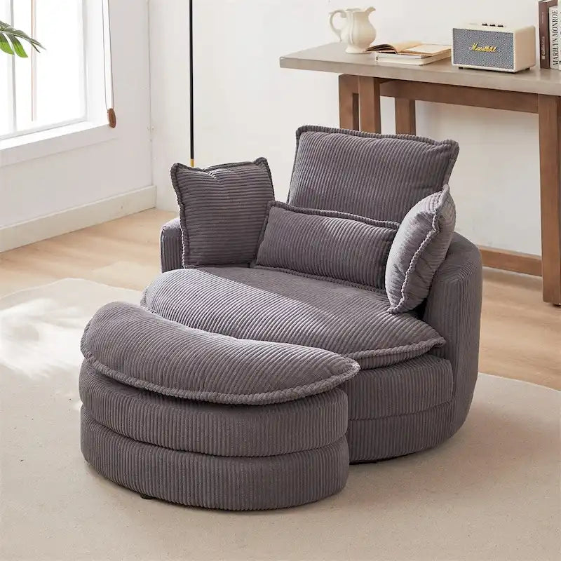 Poltrona girevole oversize con pouf contenitore Moon con 4 cuscini