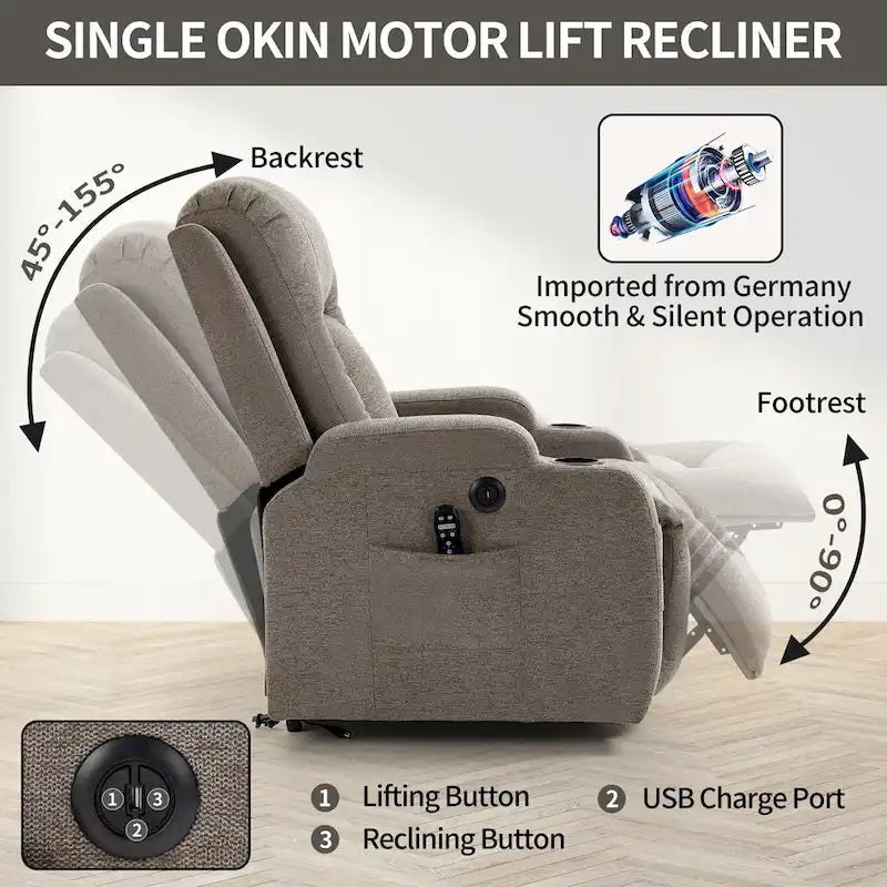 Poltrona reclinabile Power Lift, poltrona massaggiante moderna a motore singolo con riscaldamento lombare, porta di ricarica USB, portabicchieri