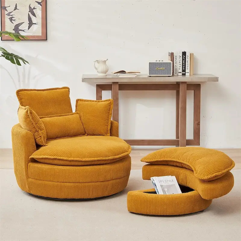 Poltrona girevole oversize con pouf contenitore Moon con 4 cuscini