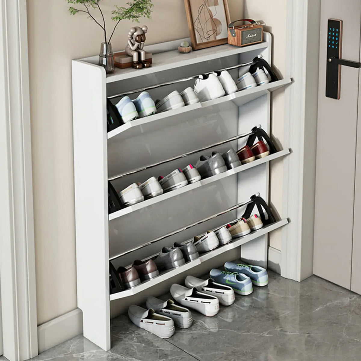 Meuble à chaussures 3 niveaux en bois blanc avec portes abattantes