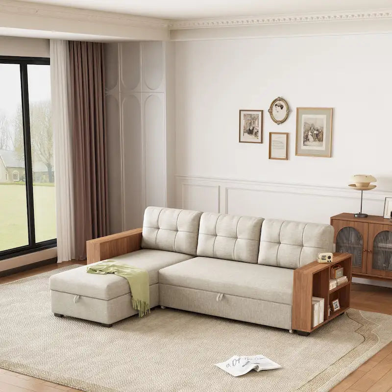 Divano Sezionale Convertibile con Letto Estraibile e Chaise Longue Contenitore Nascosto