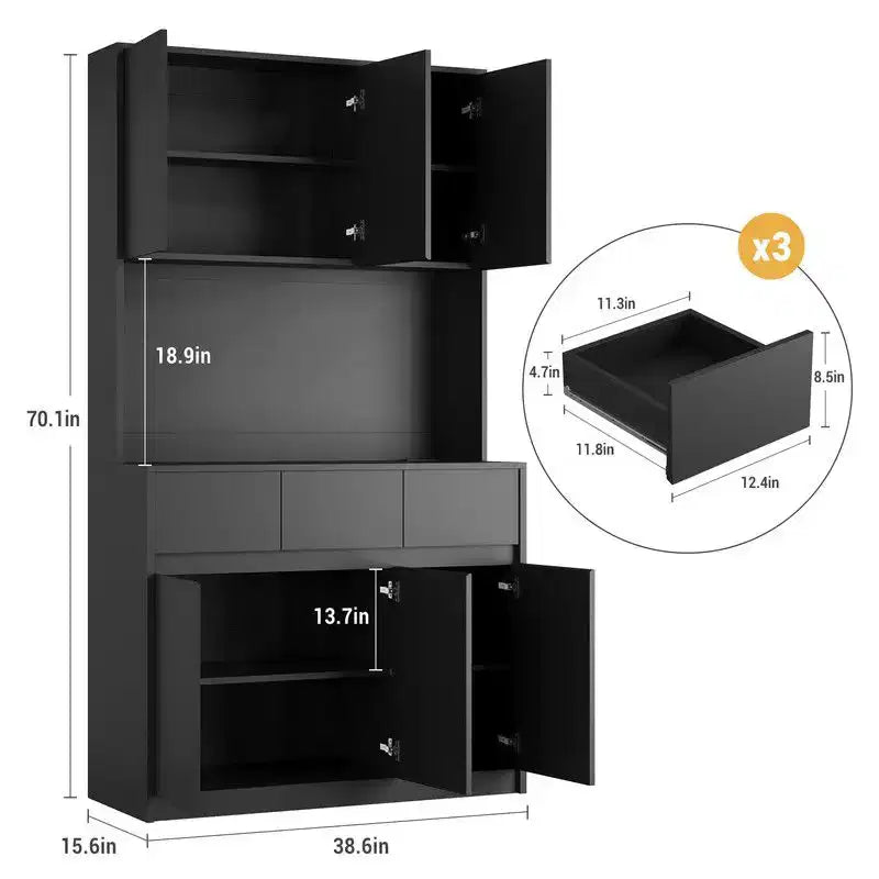 Mobile dispensa da cucina da 71 pollici, mobile dispensa con luci a LED e prese di corrente, mobile buffet con supporto per microonde, ripiani regolabili