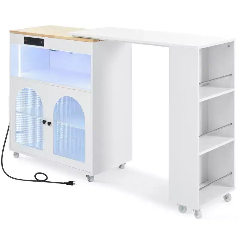Isola da Cucina con Ruote e 2 Ante in Vetro, Carrello da Cucina con Tavolo Estensibile e Prese di Corrente, Isola da Cucina con Ripiani Laterali Aperti