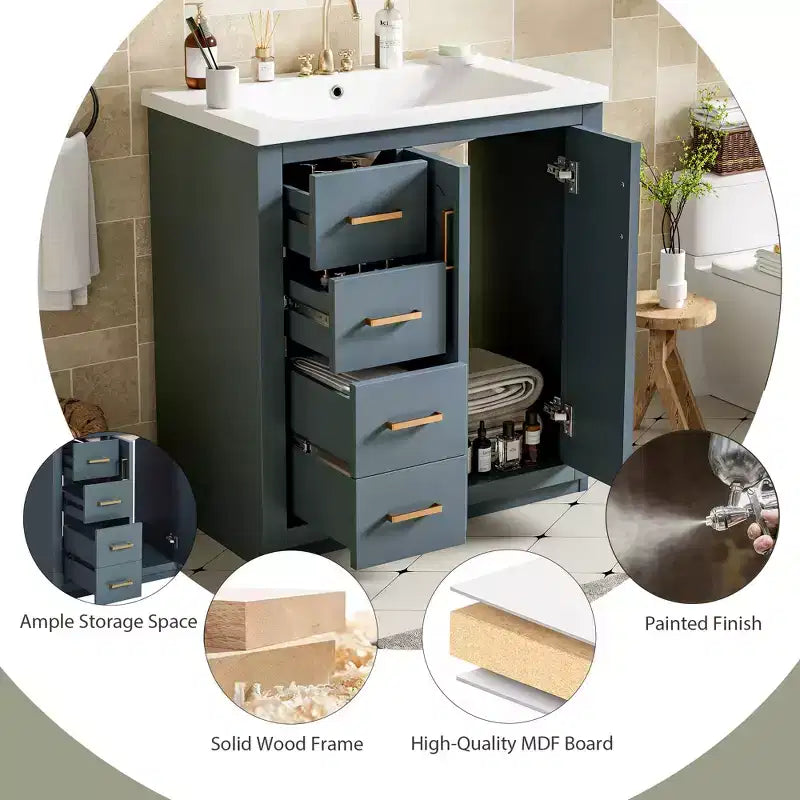 Meuble-lavabo de salle de bain 30 po avec armoire et 3 tiroirs – Noir / Bleu / Vert / Indigo / Blanc