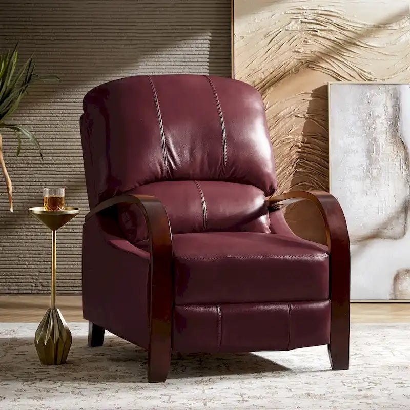 Fauteuil inclinable manuel Alex Mid-century Modern Cigar en cuir véritable avec accoudoirs incurvés en bois