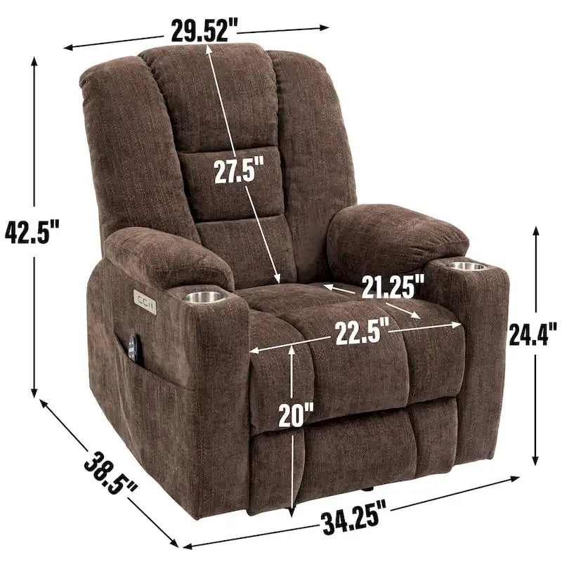 Poltrona Reclinabile Power Lift con Massaggio e Calore, Poltrone Reclinabili Larghe Imbottite Lazy Boy con USB, Porte Type C e 2 Portabicchieri in Acciaio