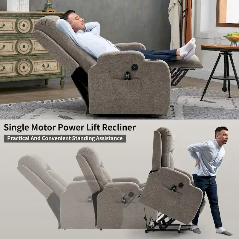 Poltrona reclinabile Power Lift, poltrona massaggiante moderna a motore singolo con riscaldamento lombare, porta di ricarica USB, portabicchieri