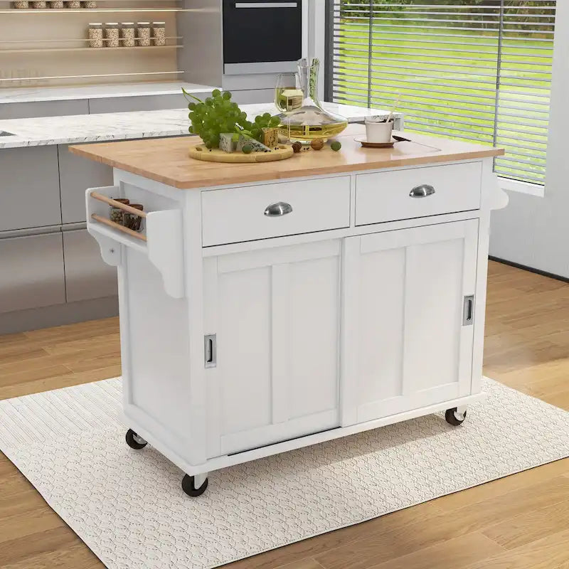 Carrello da cucina con piano d'appoggio ribaltabile in legno di gomma, porta scorrevole a scomparsa con altezza regolabile, isola da cucina su 4 ruote
