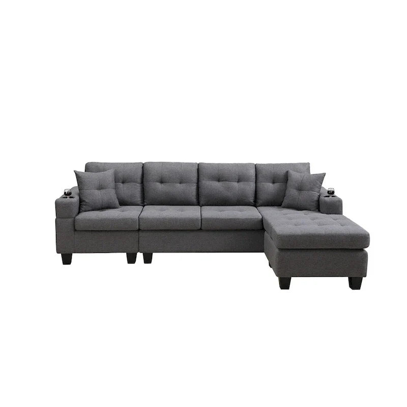 Divano componibile da soggiorno con chaise longue a L e portabicchieri