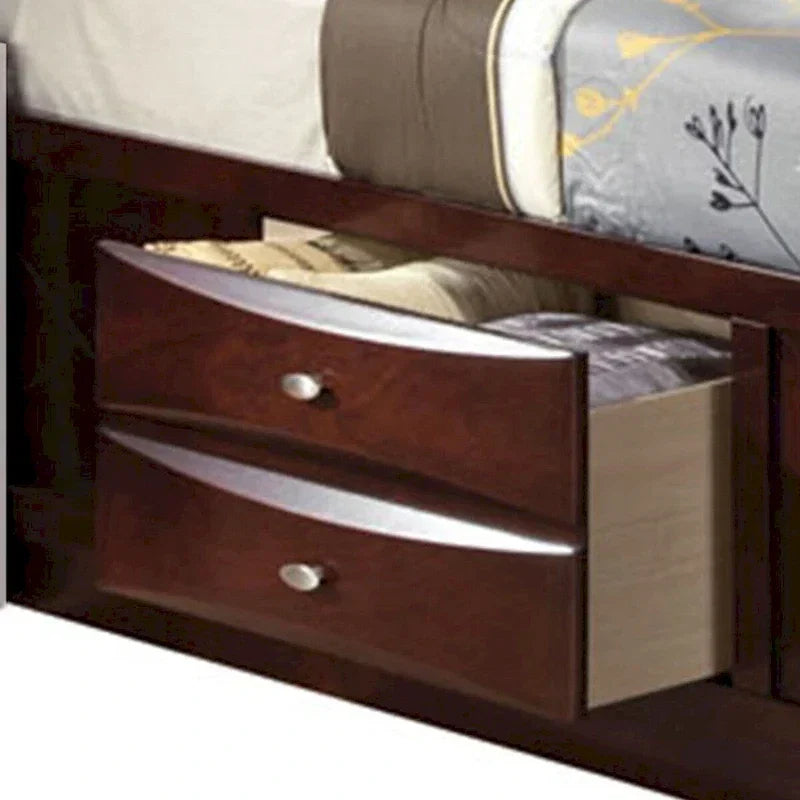 Letto a pannelli queen size con libreria e cassetti, marrone