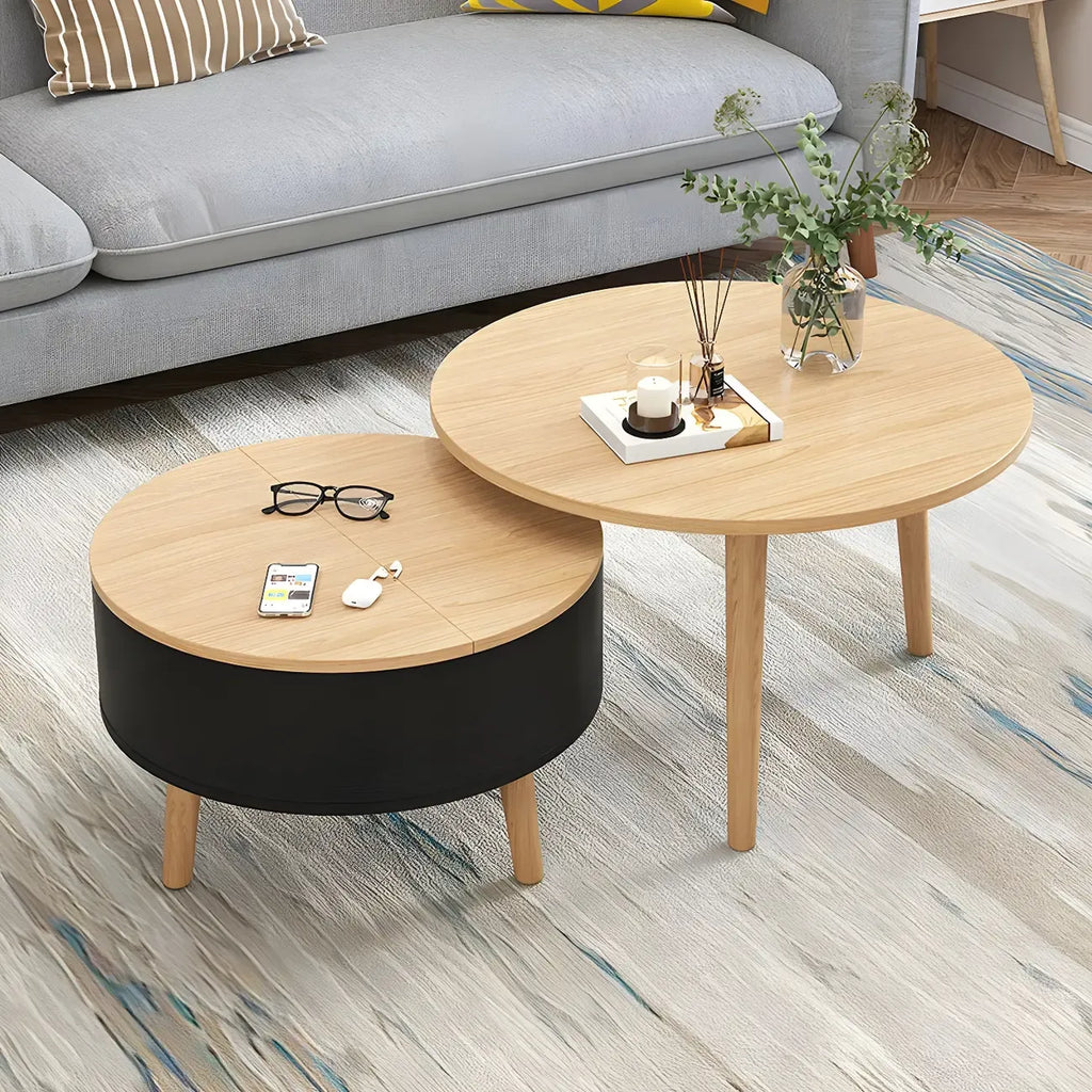 Tavolino da caffè rotondo moderno in legno bianco e nero con contenitore