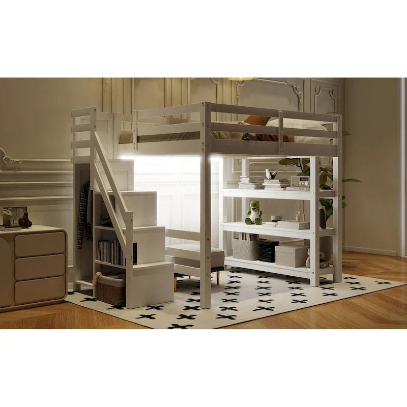 Letto a soppalco singolo/matrimoniale con scala contenitore - Ripiani, armadio e luce LED, design salvaspazio