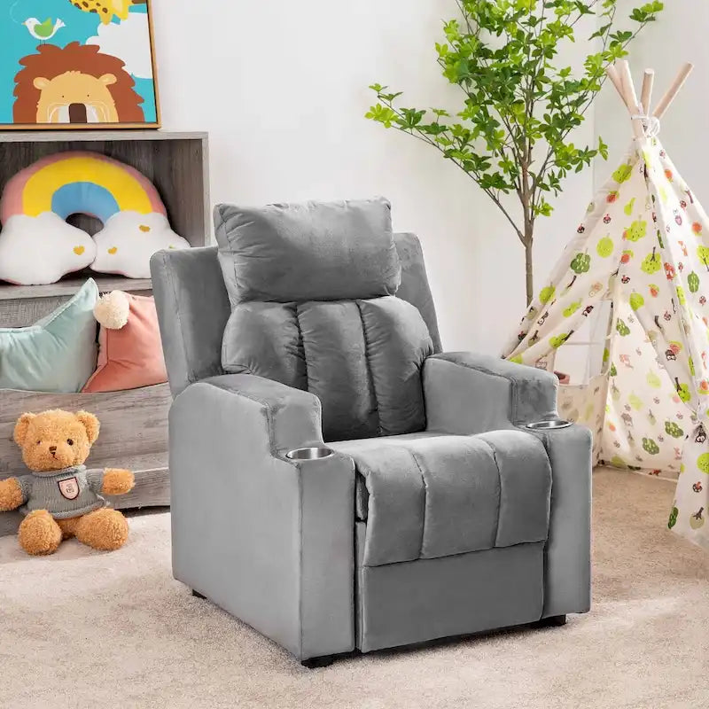 Poltrona reclinabile deluxe per bambini con poggiapiedi, poggiatesta e 2 portabicchieri, in microfibra, per bambini dai 3 anni in su