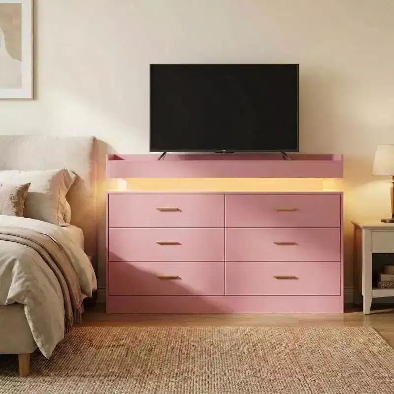 Mobile TV moderno con 6 cassetti e luci LED, bancone galleggiante per caffè/bar, per soggiorno, centro di intrattenimento