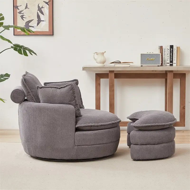 Poltrona girevole oversize con pouf contenitore Moon con 4 cuscini
