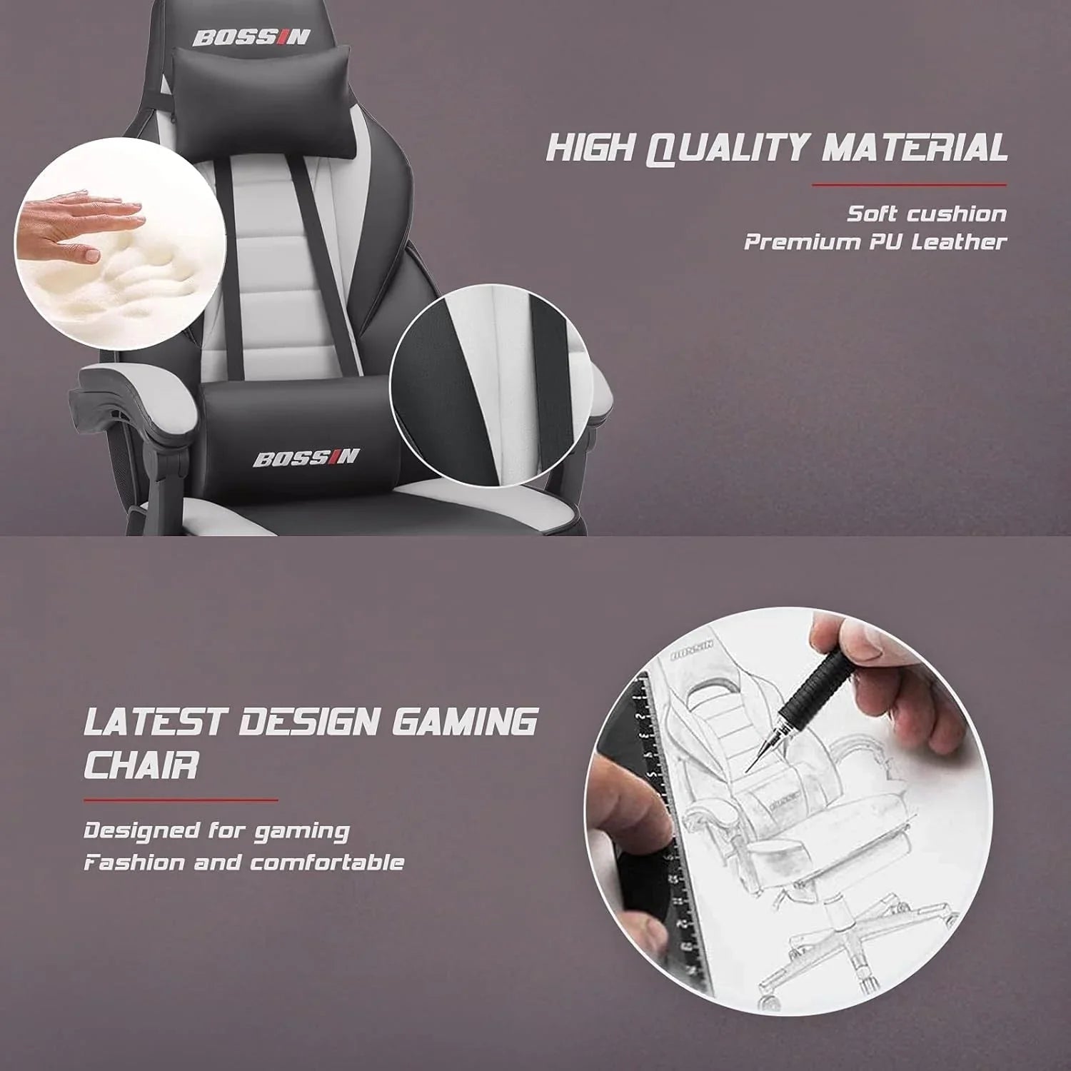 Sedia da gaming BOSSIN Racing Style, sedia da gamer per persone robuste fino a 136 kg, sedia da computer con schienale alto