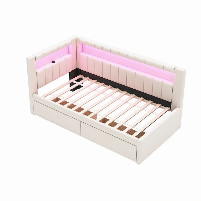 Letto imbottito a piattaforma con porte USB e illuminazione a LED - Struttura letto matrimoniale/singola con 2 cassetti portaoggetti - Camera da letto moderna