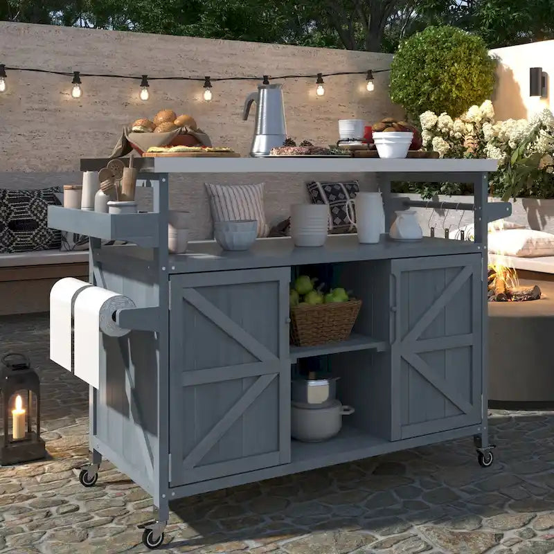Isola Cucina da Esterno, Carrello Bar con Ruote e Mobile Contenitore, Tavolo per Barbecue in Legno Massello con Piano in Acciaio Inox, Porta Spezie, Porta Asciugamani