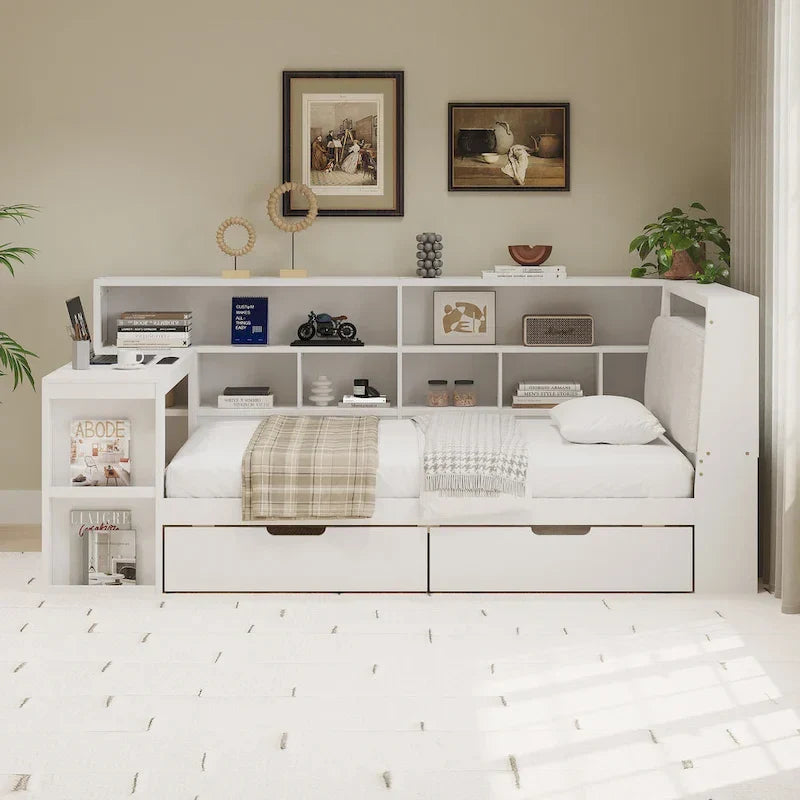 Canapé-lit d'angle en bois en forme de L avec bureau, bibliothèque, lit d'angle avec tiroirs de rangement, tête de lit rembourrée et éclairage intégré