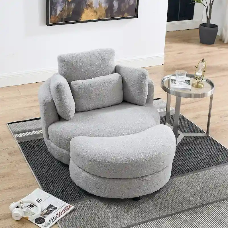 Poltrona a botte girevole di grandi dimensioni con pouf contenitore a forma di luna