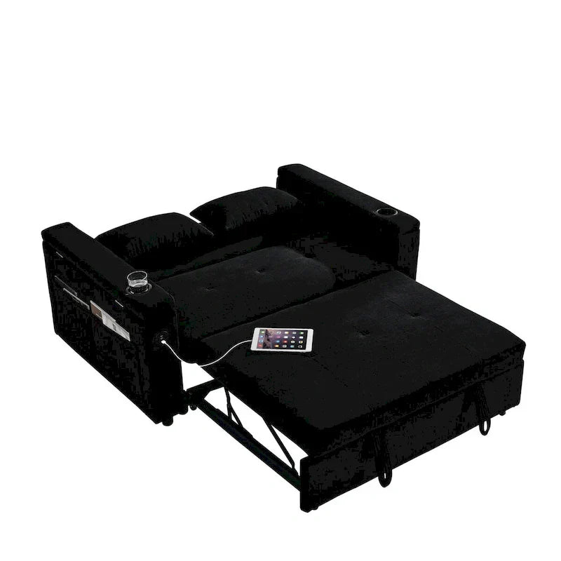 Divano Letto Estraibile 54", Divano Reclinabile 2 Posti con Contenitore, Cuscino Lombare, Presa USB