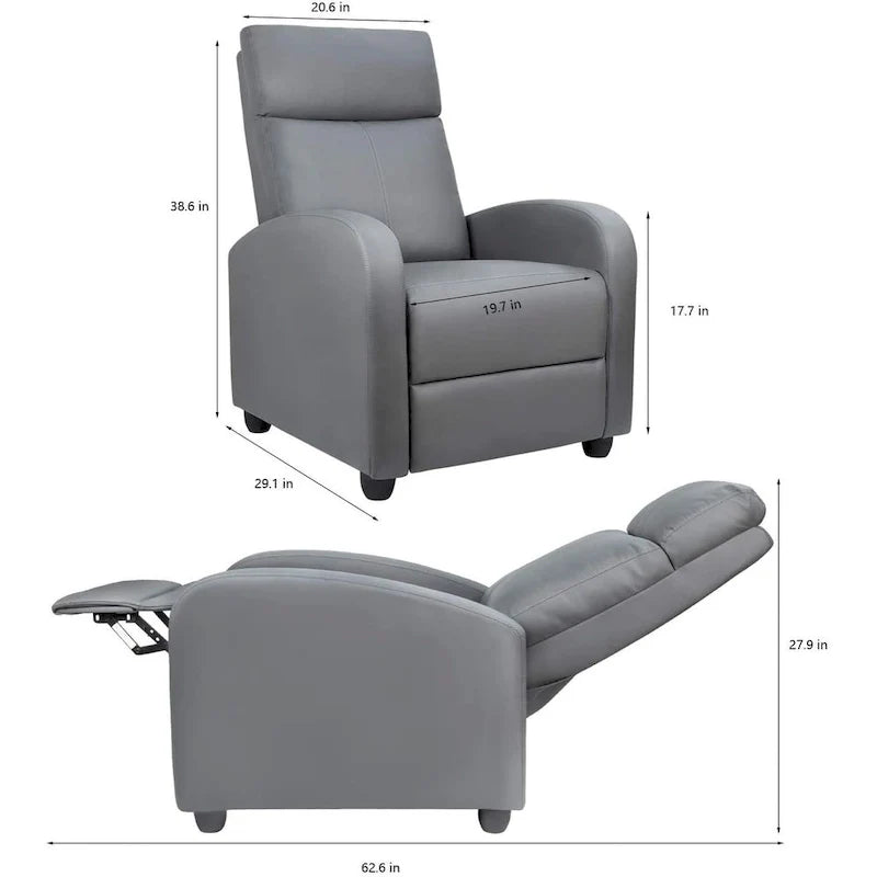 Poltrona reclinabile push-back in pelle PU, marrone / nero / grigio / kaki / rosso / beige, singola
