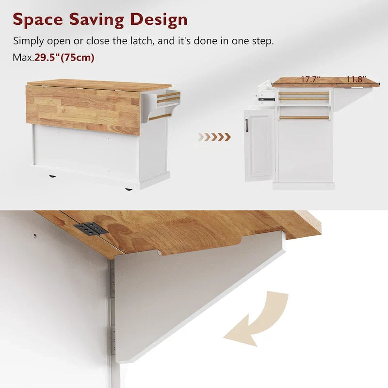 Grande isola da cucina con ribalta in legno, carrello da cucina arrotolabile con texture in rilievo, ante e cassetti con contenitore per cucina, bianco