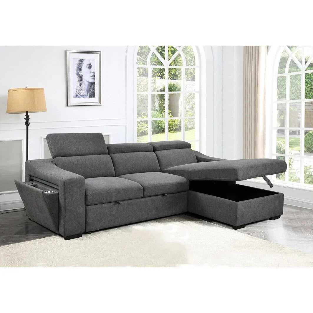 Divano sezionale convertibile Roomfitters 103 con chaise longue contenitore, poggiatesta regolabili, divano angolare letto a L, grigio scuro