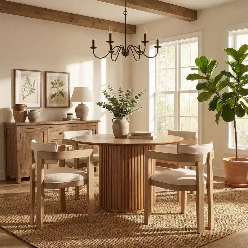 Christopher Knight Home Shankar, set da pranzo moderno da 5 pezzi con tavolo rotondo e sedie imbottite in legno di caucciù