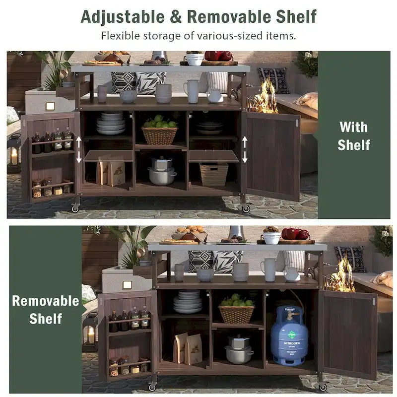 Isola Cucina da Esterno, Carrello Bar con Ruote e Mobile Contenitore, Tavolo per Barbecue in Legno Massello con Piano in Acciaio Inox, Porta Spezie, Porta Asciugamani