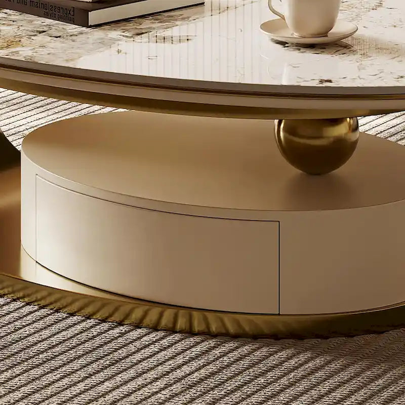 Tavolino da caffè ovale moderno Pandora 51 con piano in pietra sinterizzata lucida, tavolino da caffè di lusso, gambe in acciaio inossidabile per soggiorno