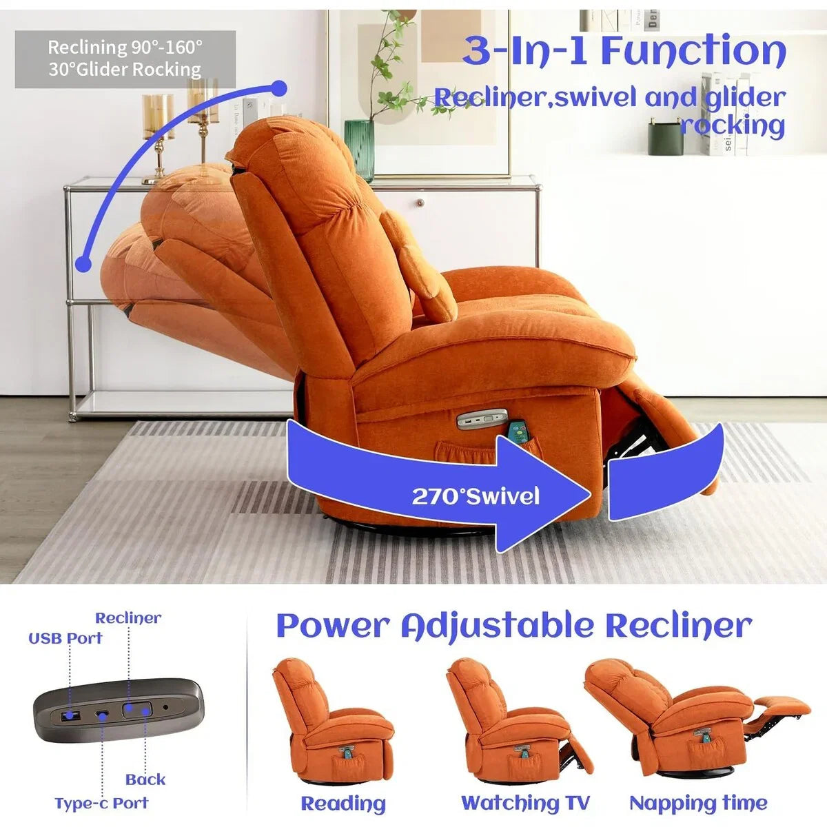 Poltrona reclinabile girevole XINMICS, poltrona a dondolo reclinabile con massaggio e riscaldamento, USB, USB-C e tasca laterale