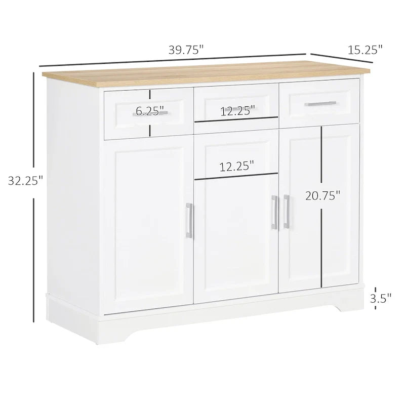 Credenza da Cucina Bianca con 3 Cassetti e Ripiano Regolabile