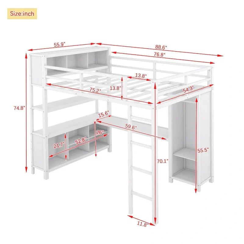 Letto a soppalco in metallo Off-White con scrivania e armadio - Matrimoniale