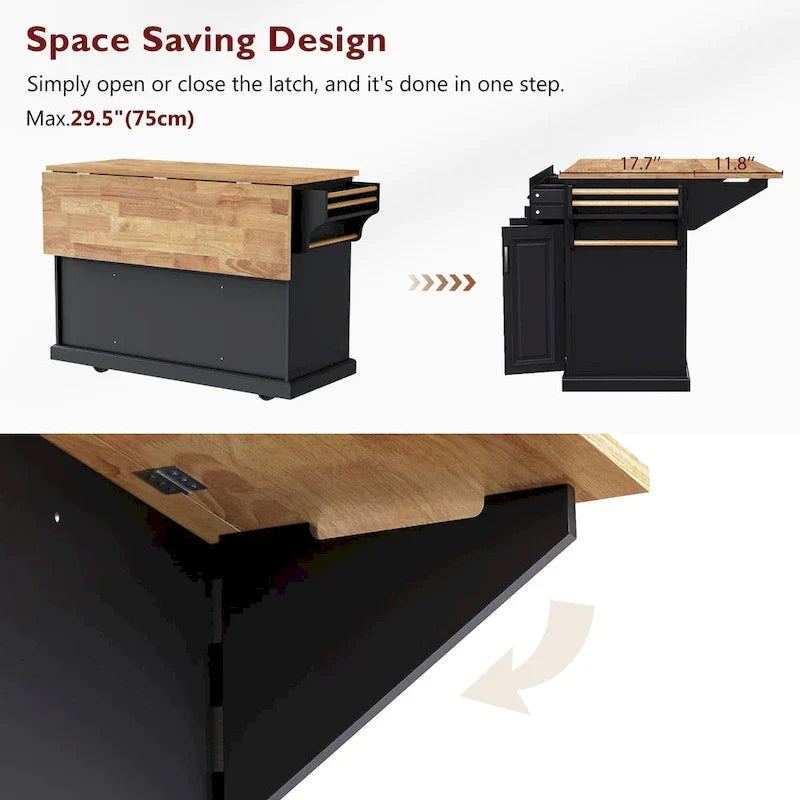 54 - Grande isola cucina con anta a ribalta in legno di gomma, carrello da cucina scorrevole con texture in rilievo su 4 ruote con 4 ante e 3 cassetti