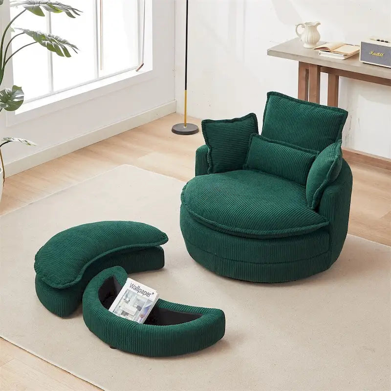 Poltrona girevole oversize con pouf contenitore Moon con 4 cuscini