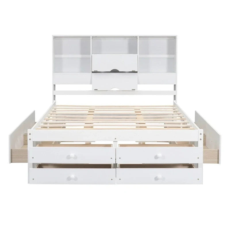 Letto a piattaforma King Size con testiera contenitore e 8 cassetti