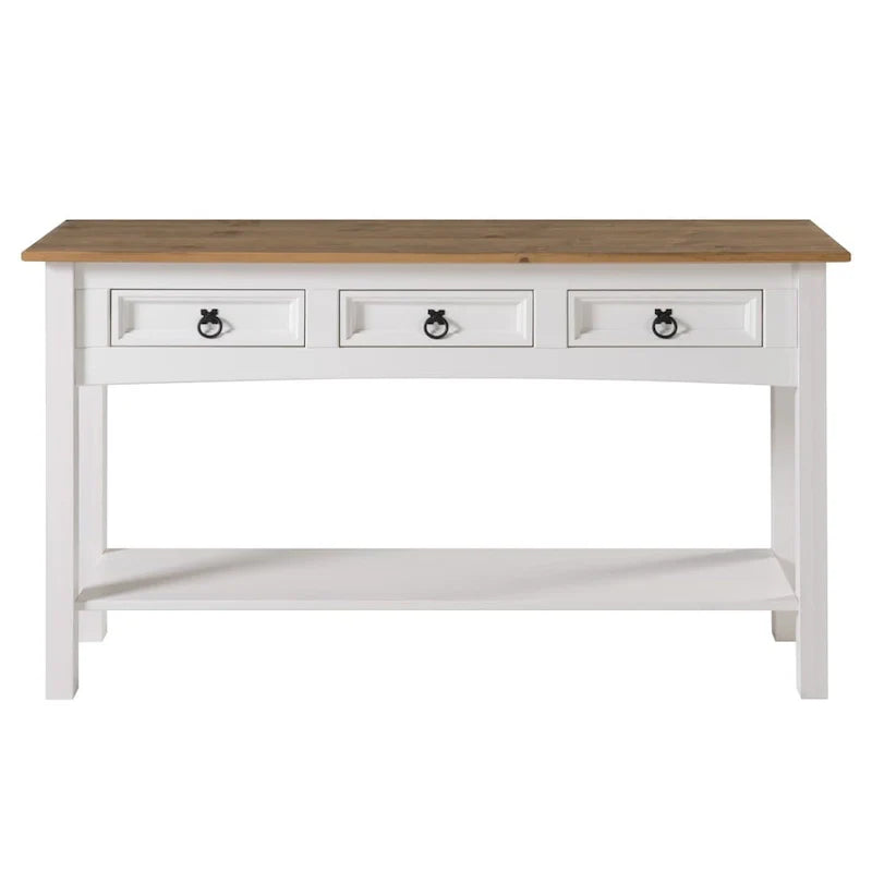 Tavolo Consolle Rustico in Pino Massiccio per Ingresso, Bianco Decapato / Marrone Antico / Grigio Decapato / Non Verniciato, 3 Cassetti