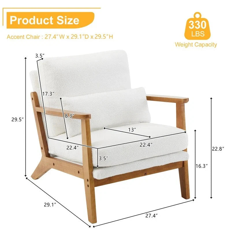 Poltrona d'accento rivestita in misto lino con gambe in legno e un cuscino, beige