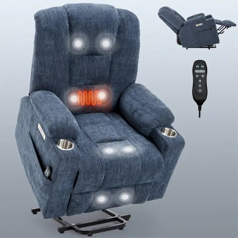 Poltrona Reclinabile Power Lift con Massaggio e Calore, Poltrone Reclinabili Larghe Imbottite Lazy Boy con USB, Porte Type C e 2 Portabicchieri in Acciaio