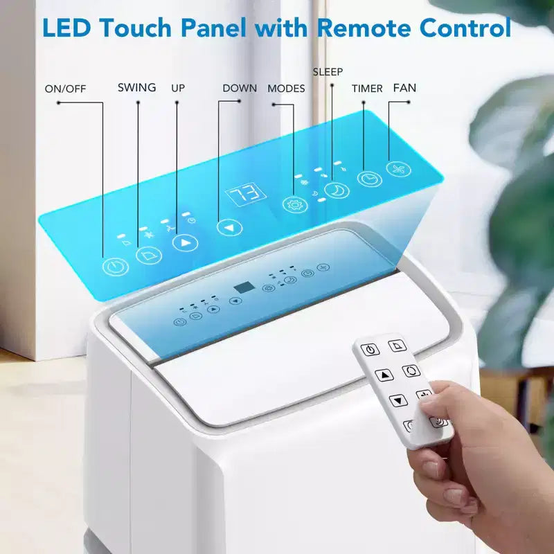 Condizionatore portatile da 10000 BTU, climatizzatore domestico con telecomando per ambienti fino a 42 mq, funzioni 3-in-1/timer 24 ore/ruote piroettanti