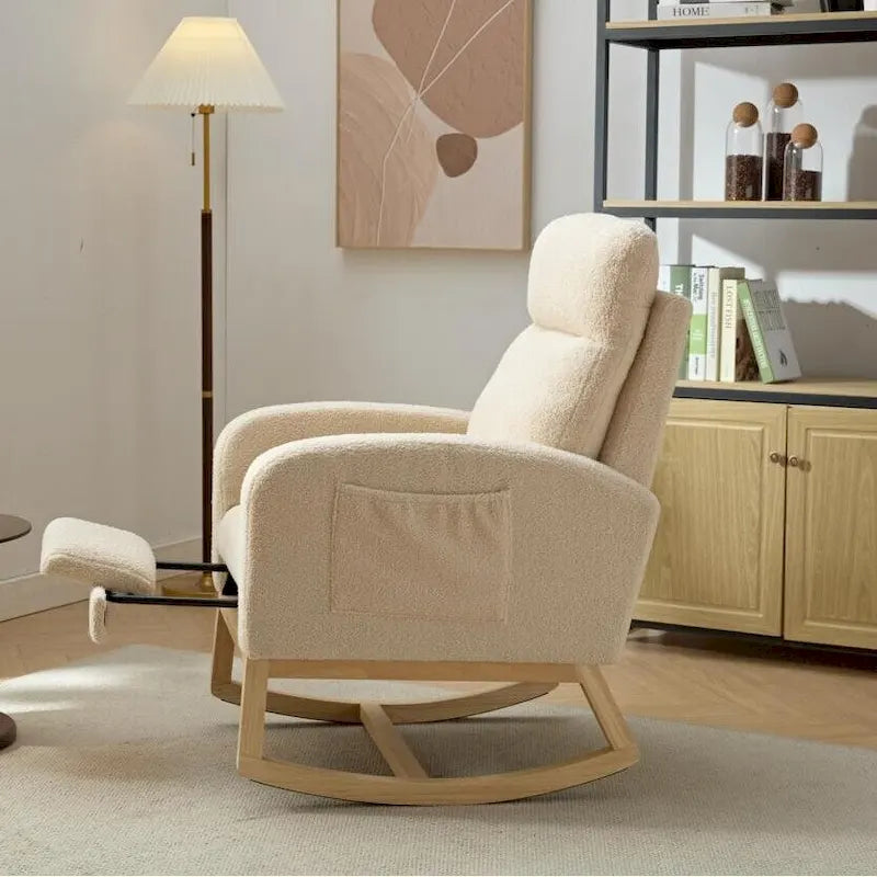 Poltrona a dondolo moderna con schienale alto da 75 cm, imbottita, con gambe in legno massello e poggiapiedi regolabile