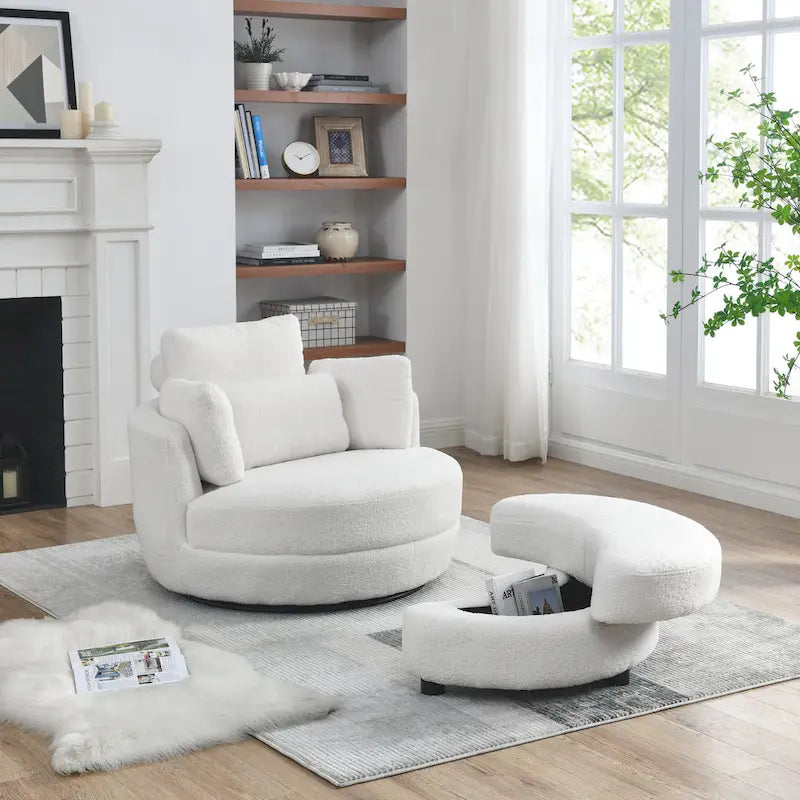 Poltrona a botte girevole di grandi dimensioni con pouf contenitore a forma di luna